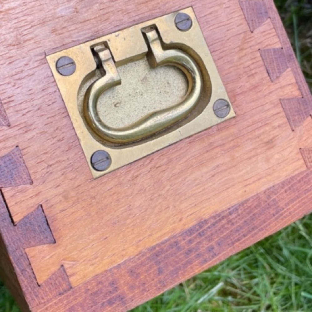 Antique Wooden Oak Box with Dovetail Joints, Brass Handles & Hooks